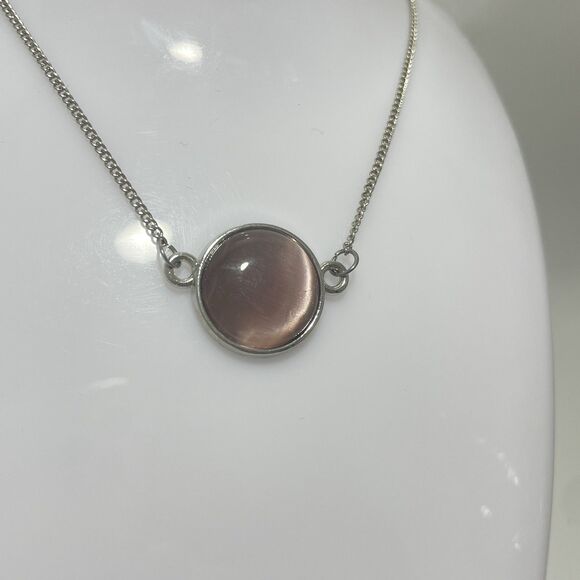 Beautiful Pink Cat Eye Glass Pendant Silver Tone Necklace 17” Adjustable Chain - Picture 4 of 6